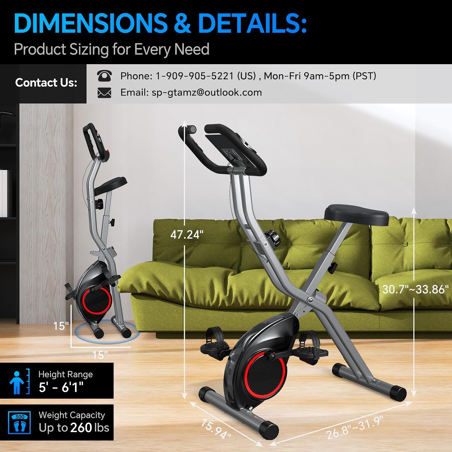USLIM Foldable Exercise Bike Stationary Bikes for Home, 5 IN 1 Indoor Workout Bike, Cycling Bike with 16-Level Quiet Magnetic Resistance, 6.6 LBS Flywheel and 300LBS Capacity for Senior and Home Workout