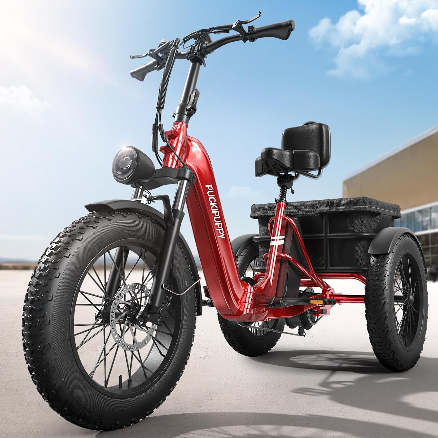 PUCKIPUPPY Electric Trike for Adult with 960W Peak Motor, 60 Miles Range Pickup Class Tricycle, 500 Lbs Load Electric Trike with Rear Differential and 20' Fat Tires, 48V 17.4AH Cell Battery, Husky