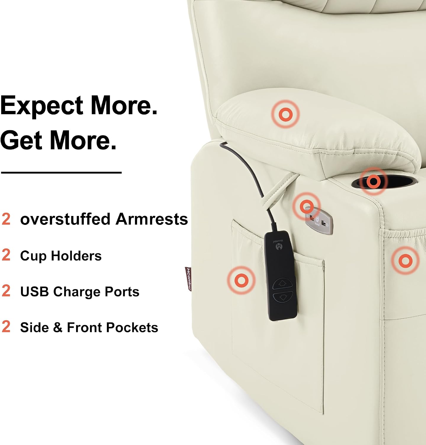 MCombo Oversized Swivel Glider Rocker Power Recliner Chair for Living Room with Heat and Vibration Massage, USB Ports, Cup Holders and Pockets, Faux Leather 7785 (Milk White)