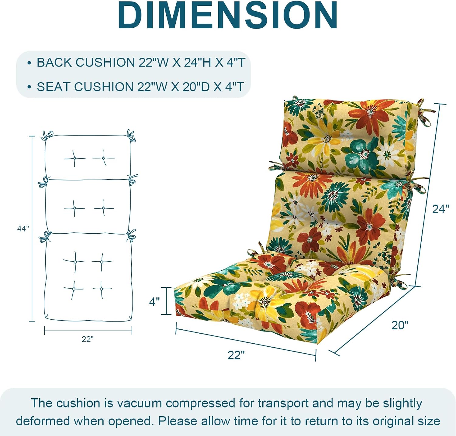 DYTXIII Outdoor High Back Chair Cushions Set of 2, Water Repellent Tufted Rocking Seat Cushions Replacement 44 x 22 Inch, Seat & Back Chair Pads for Patio, Balcony and Indoor Use -Flower Multi