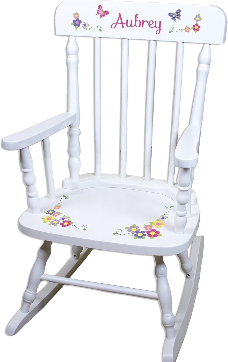 My Bambino Girl's Personalized White Wood Rocking Chair Toddler Baby Gift (Bright Butterfly Garland)