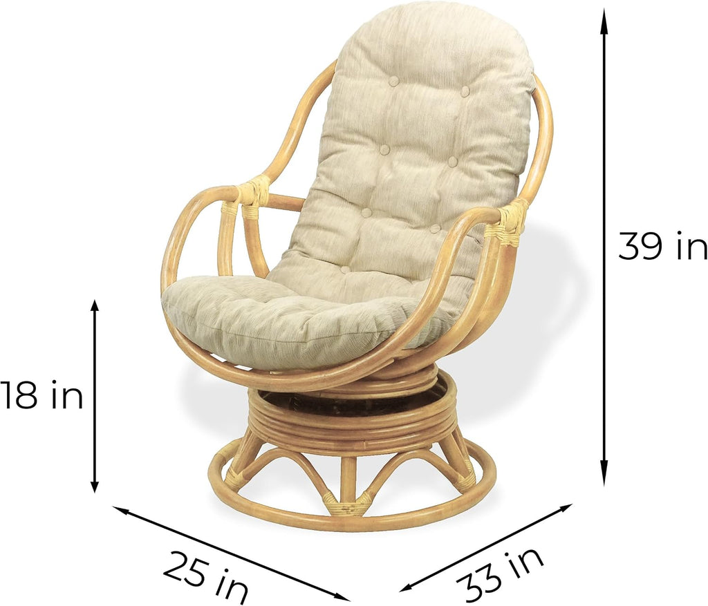 Bali Lounge Swivel Rocking Chair with Cream Cushion Natural Rattan Wicker Handmade, Natural Color