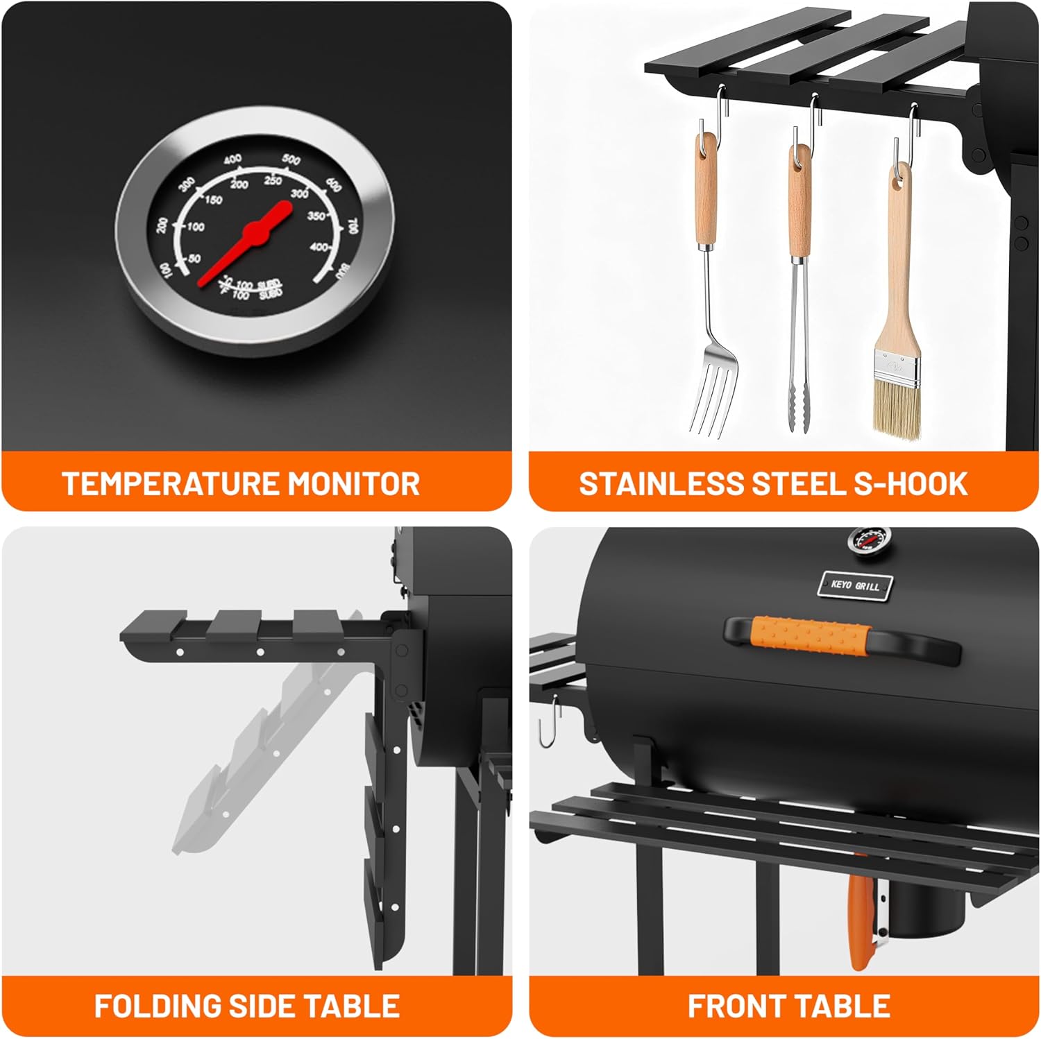 KEYO GRILL 29-Inch Barrel Charcoal Grill, Heavy duty BBQ Grill with Manual Rotisserie Meat Fork, Detachable Windproof Ash Collector Barbecue Smoker Grill Combo for Backyard, Patio and Parties