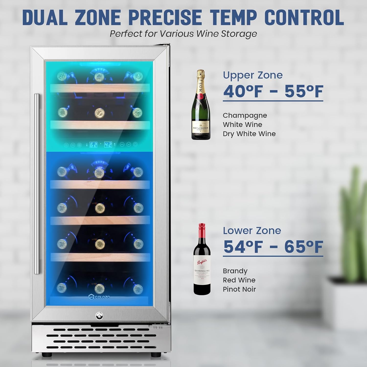 15 Inch Wine Cooler Refrigerator Under Counter, 28 Bottle Dual Zone Wine Fridge, Stainless Steel Built-in/Freestanding Wine Cooler, 40-65°F Tempered Glass Door/Temperature Memory Fit Red & White Wine
