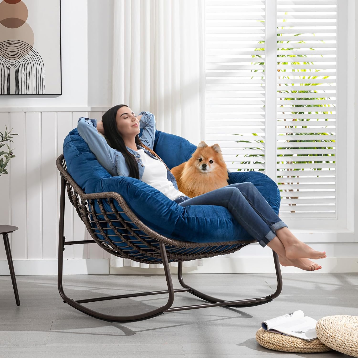 Deolme Large Papasan Rocking Chair with Cushion, Oversized Comfy Reading Chair Lounging Indoor Outdoor Rocker for Front Porch Backyard Bedroom Living Room Egg Chair Rattan (Blue Padded)