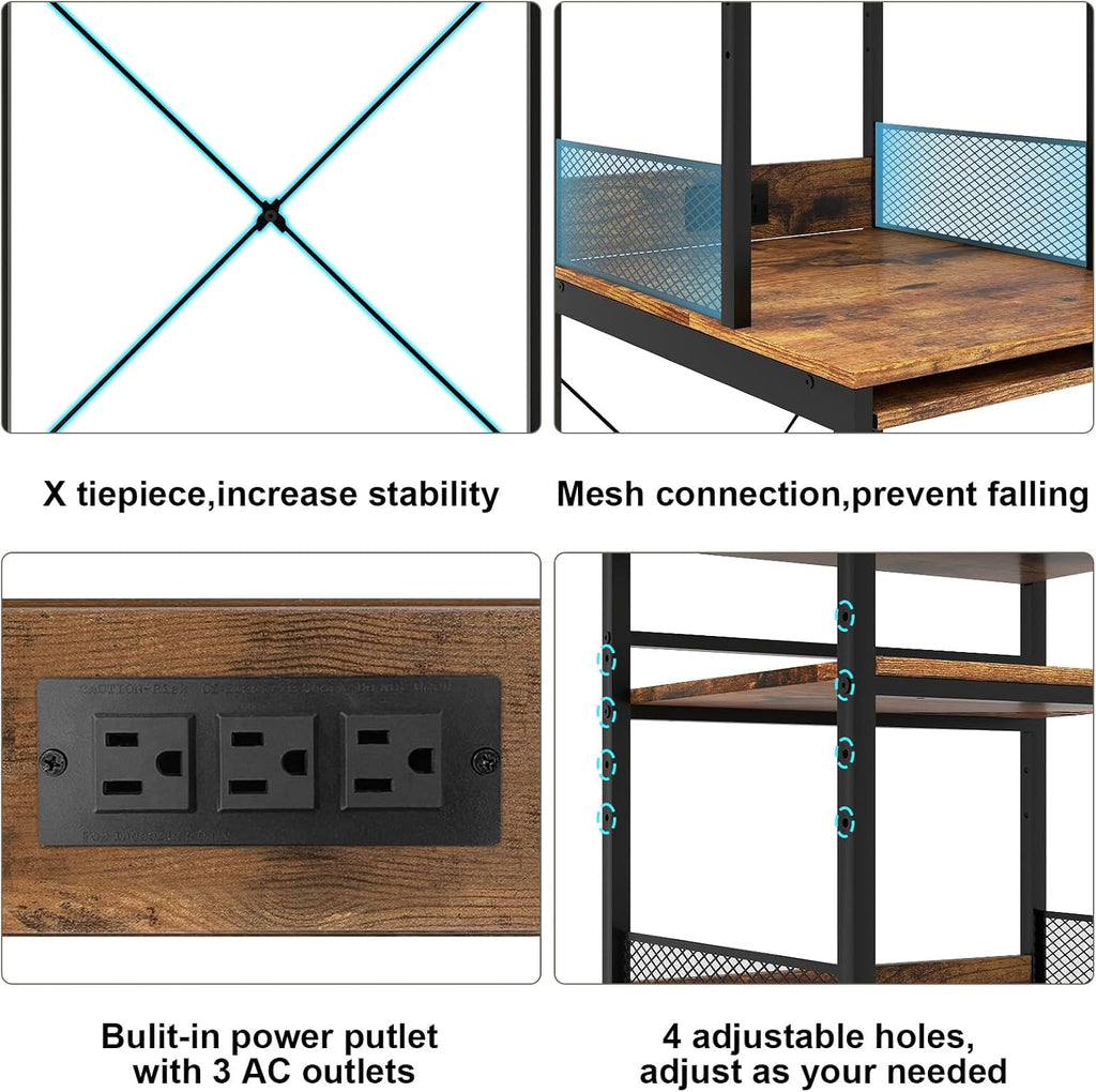 PUNCIA 4-Tier Mini Fridge Stand with Power Outlet & Storage, Coffee Bar Organizer, Refrigerator Cabinet & Microwave Shelf, Bakers Rack for Kitchen, Office, Dorm, Pantry, Apartment (Retro)