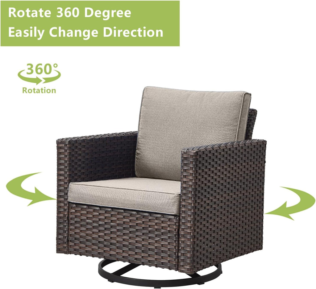 Luxury Wicker Outdoor Patio Furniture Set - 6 Piece Patio Conversation Set with 2 Swivel Rocker Chairs,2 Rattan Ottoman,1 Couch and 1 Metal Coffee Table for Outside Porch Deck Backyard(Brown/Grey)
