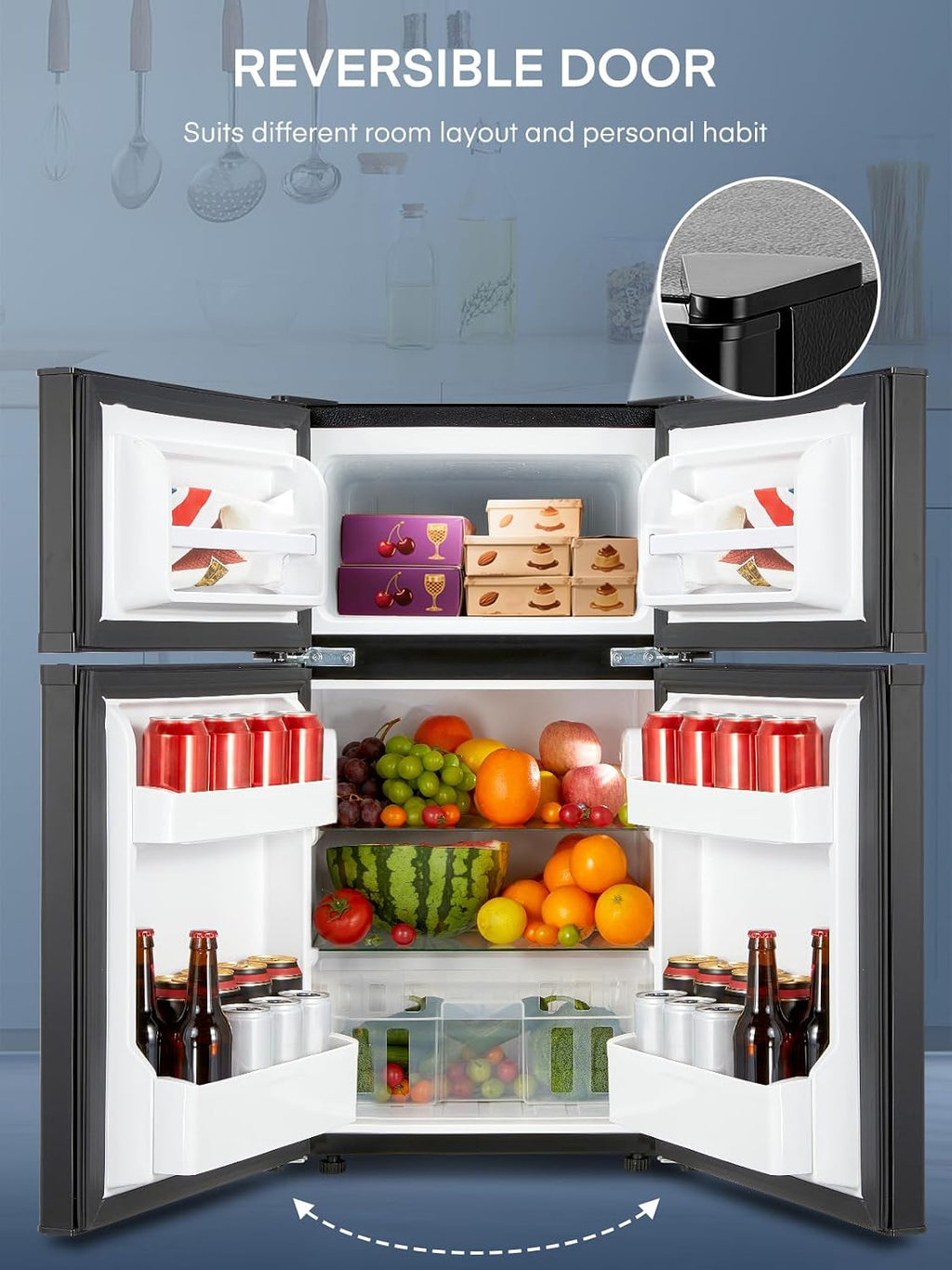 Mini Fridge with Freezer for Bedroom, 3.1 Cu.ft Double Doors Small Refrigerator with Ice Tray, Removable Shelves, Temperature Control Mini Refrigerator for Dorm and Office