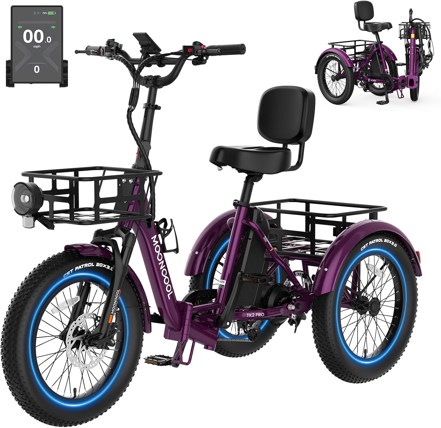MOONCOOL Electric Trike for Adults, 500W/750W 48V Electric Tricycle for Adults, 20'x3.0' Fat Tire 3 Wheel Electric Bike, Folding Aluminum Adult Tricycle with Removable Battery