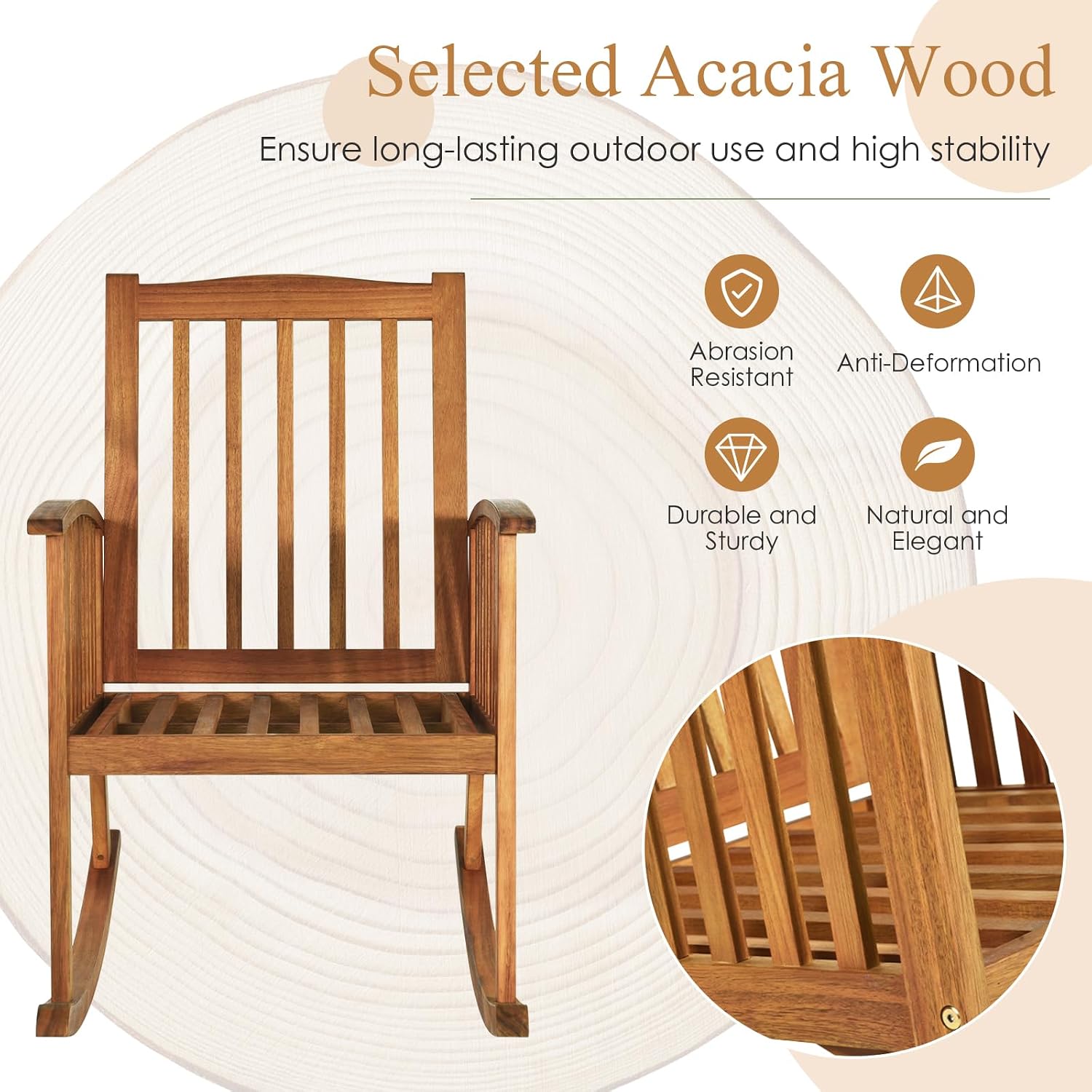 2PCS Rocking Chair Outdoor, Acacia Wooden Rocker Chair with Seat and Back Cushion, Armrests, Comfortable Porch Rocking Chair with 355Lbs Support for Lawn, Patio, Backyard, Garden, Deck, Indoor