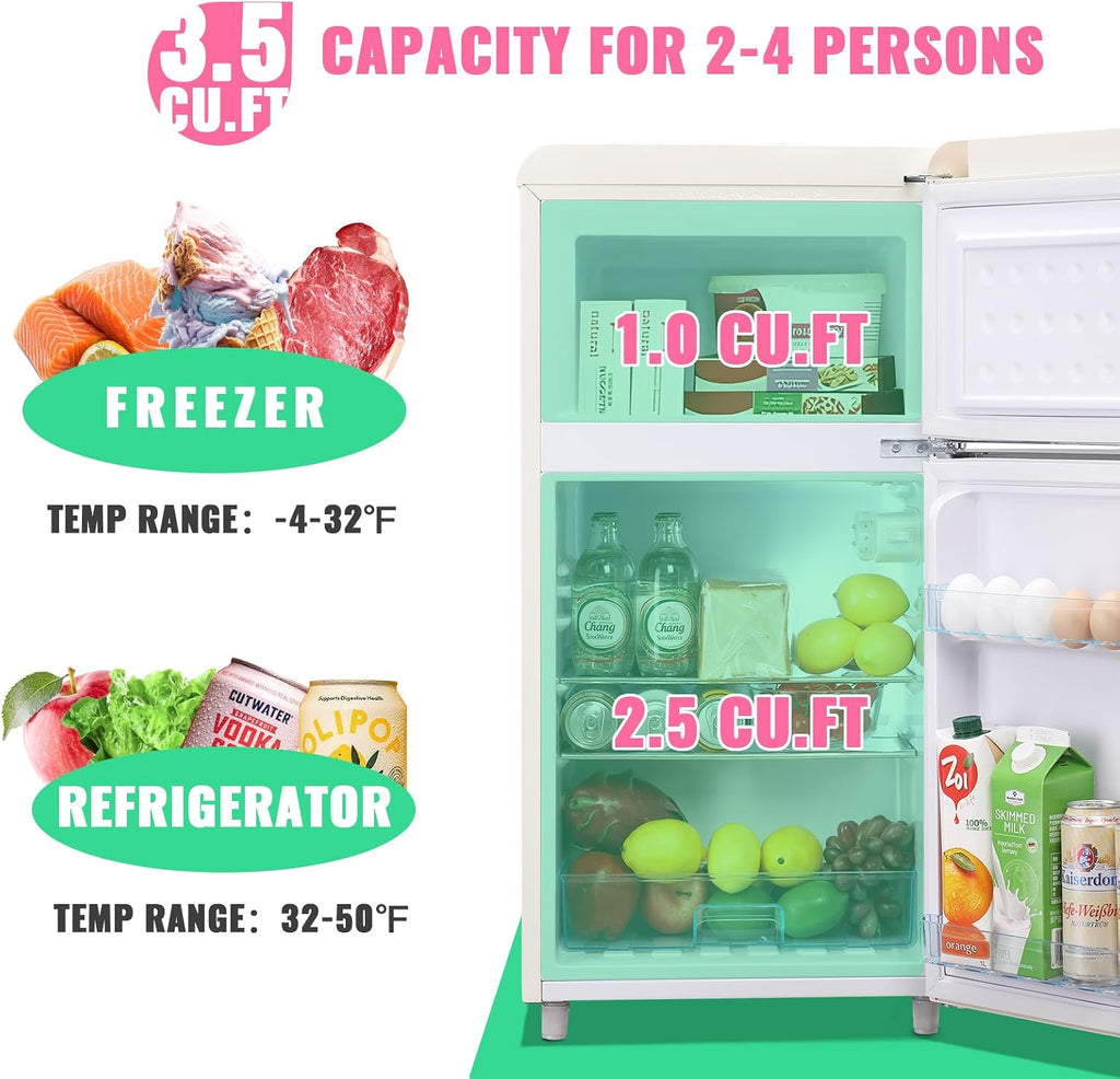 DEMULLER 3.5 Cu.ft Retro Mini Fridge with Freezer Dual Doors & Handles Compact Refrigerator with 7 Thermostat Control Freestanding Small Fridge with LED Light Cream