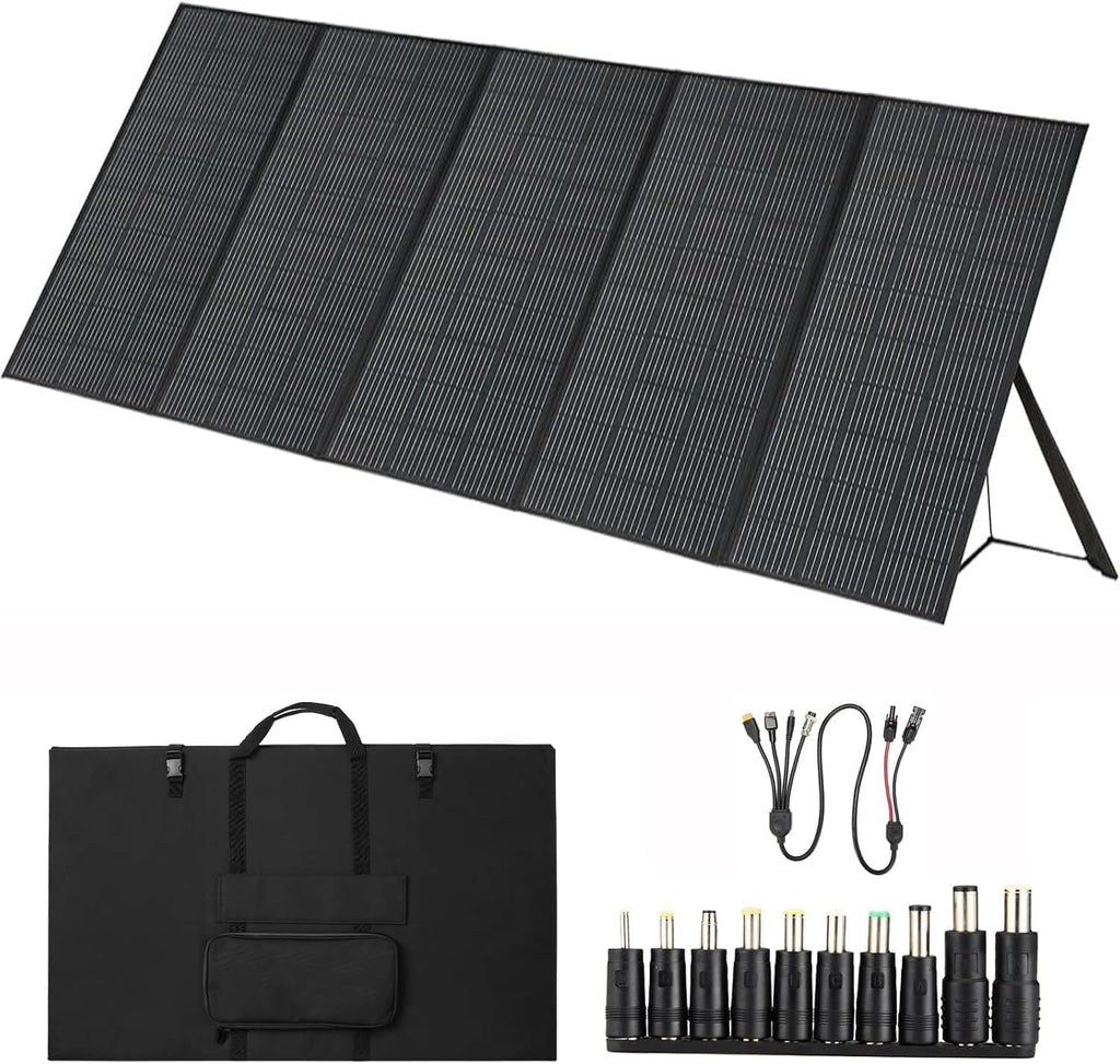 500W Portable Solar Panel for Power Station, 48V Foldable Solar Power Panels 25% High Efficiency IP68 Waterproof with 10ft 4-in-1 Cable and 10×DC Adapter, Folding Solar Panels Blanket for Camping RV