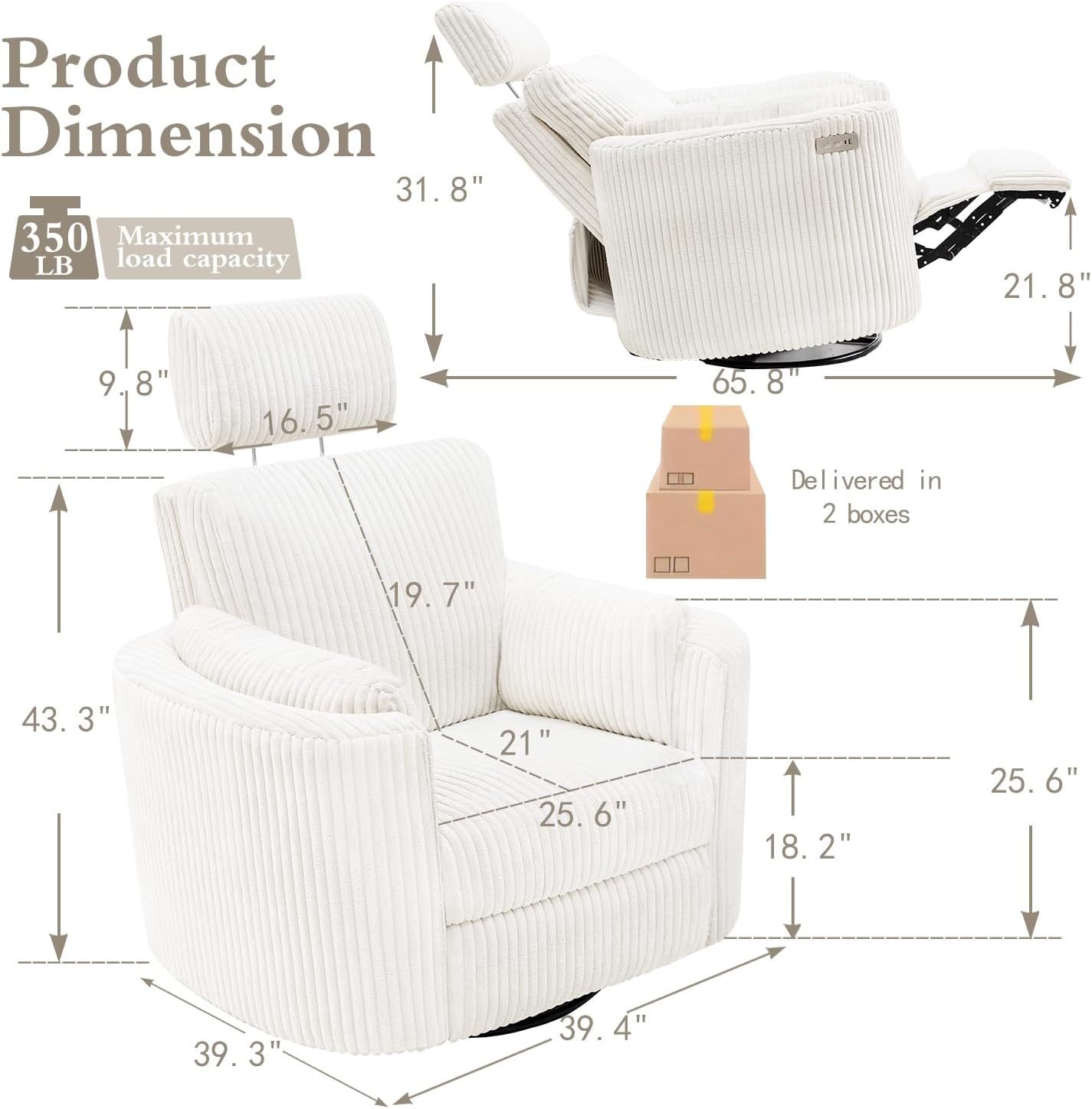 Zenosyne Power Swivel Recliner Rocking Chair Nursery Glider Rocker with Headrest, USB and Type-c Port, Corduroy Electric Reclining Sofa Chair Arm Chair for Living Room (White)