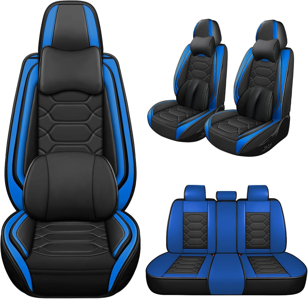 Car Seat Covers Full Set for Honda Civic 2000-2025,Durable Waterproof Luxury Universal,Easy to Install Napa Leather Cover Set for Cars,Full Seats,with Pillow,Black Blue