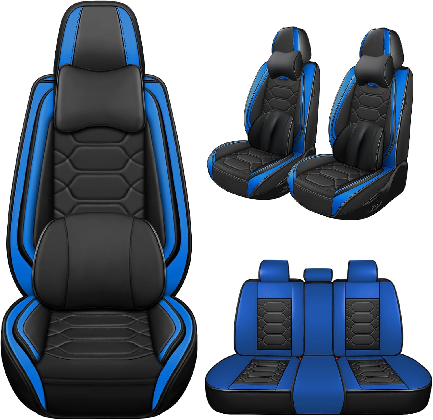 Car Seat Covers Full Set for Honda Civic 2000-2025,Durable Waterproof Luxury Universal,Easy to Install Napa Leather Cover Set for Cars,Full Seats,with Pillow,Black Blue