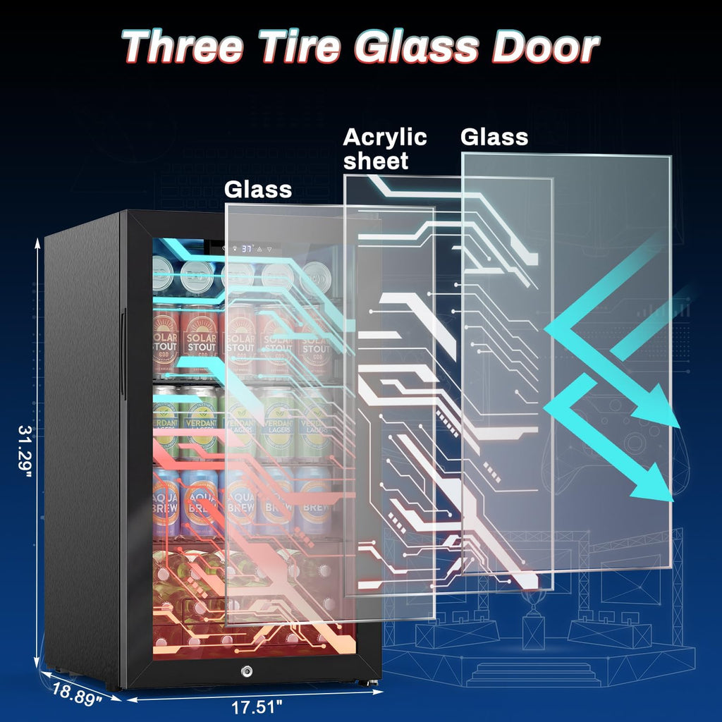 Velivi Gaming Light Up Glass Door Beverage Refrigertor, 3.2 Cu Ft Gaming Mini Fridge with Led RGB Lights Lockable Mini Fridge For Soda Beer, Drink Cooler Cyberpunk Gaming Rooms Bar Home Party