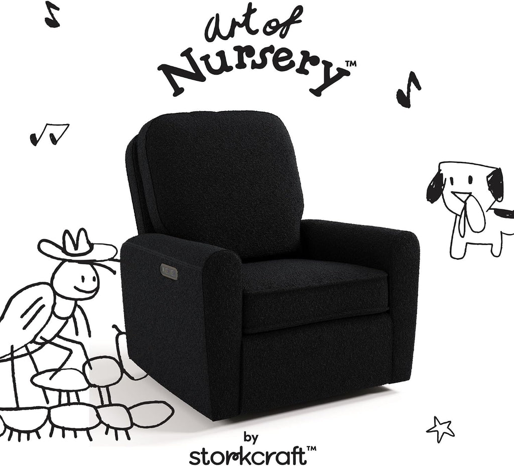 Storkcraft Amalfi Deluxe Power Recliner Swivel Glider – Premium Electronic Nursery Rocking Chair, Oeko-TEX 100 Certified, Includes Dual-USB Charging Port with USB-A & USB-C (Black Boucle)