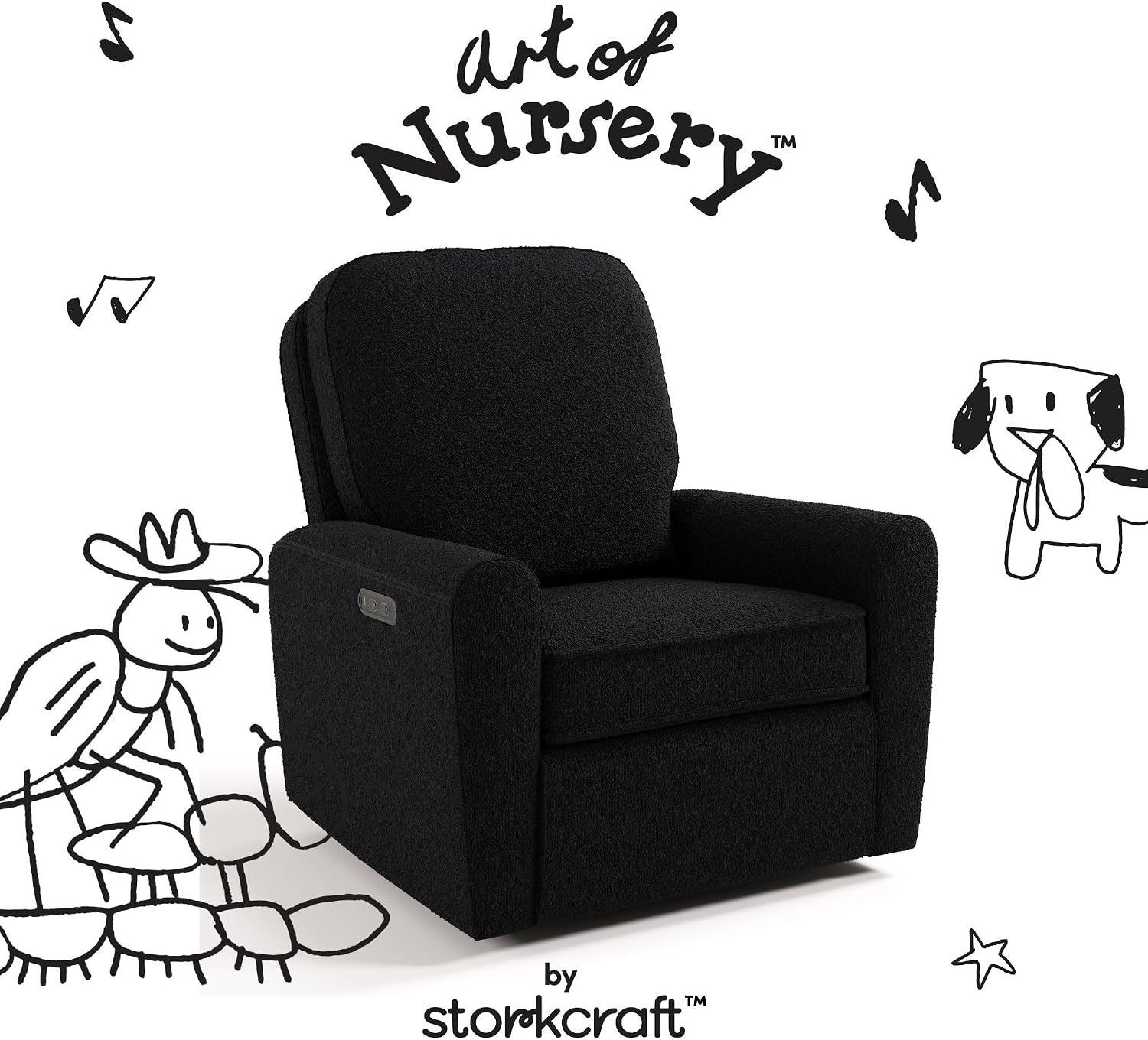Storkcraft Amalfi Deluxe Power Recliner Swivel Glider – Premium Electronic Nursery Rocking Chair, Oeko-TEX 100 Certified, Includes Dual-USB Charging Port with USB-A & USB-C (Black Boucle)