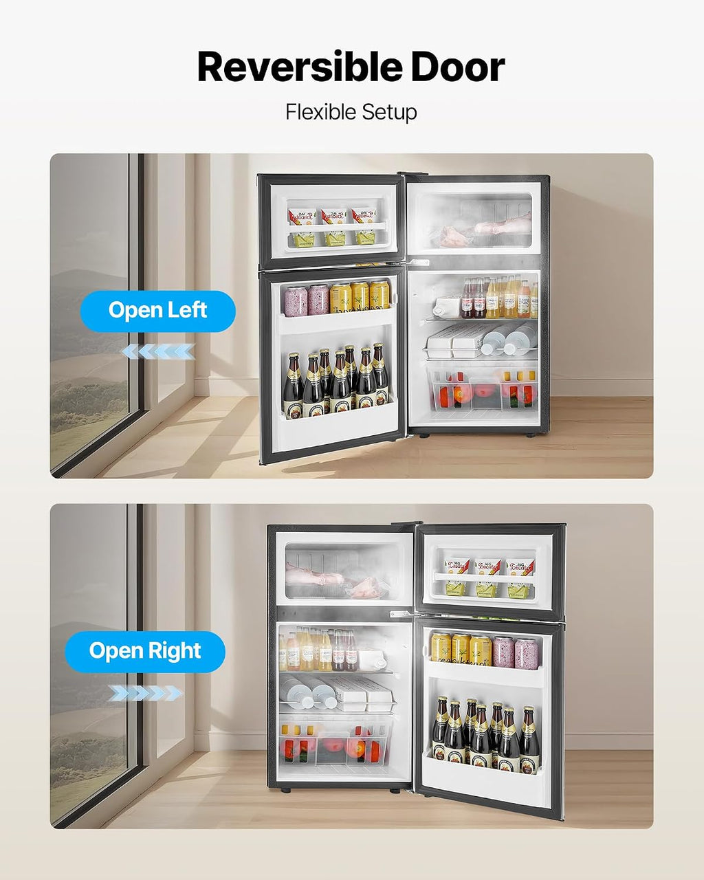 VEVOR 3.2 Cu.Ft Mini Fridge with Freezer, Dual Zone Compact Refrigerator, 3-Mode Adjustable Temperature, Energy Efficient Small Fridge, Reversible Door, Low Noise, for Bedroom, Dorm, Office, Black