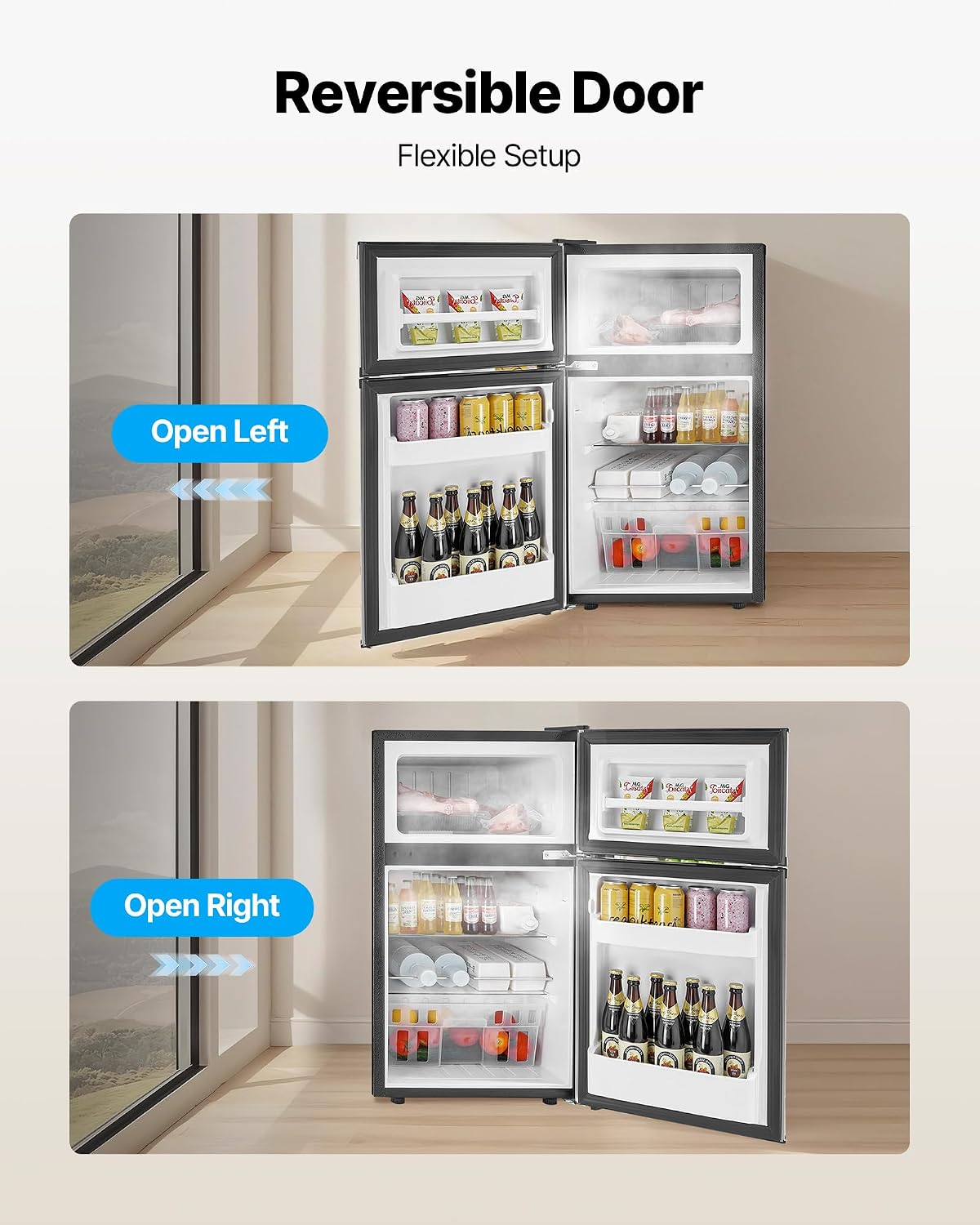 VEVOR 3.2 Cu.Ft Mini Fridge with Freezer, Dual Zone Compact Refrigerator, 3-Mode Adjustable Temperature, Energy Efficient Small Fridge, Reversible Door, Low Noise, for Bedroom, Dorm, Office, Black
