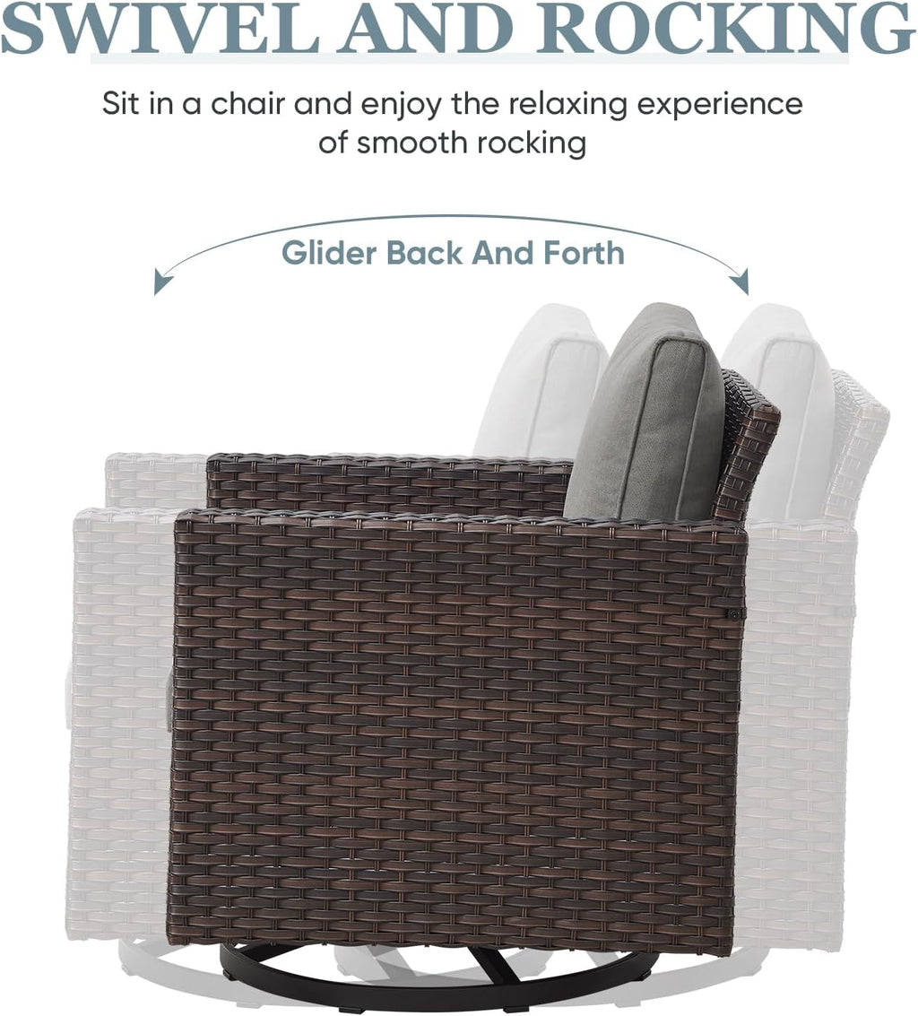 Patio Swivel Chairs,360 Degree Outdoor Swivel Glider Chair Set of 2 with High Back and Thickened Cushions for Deck Porch Garden Backyard-Brown/Grey