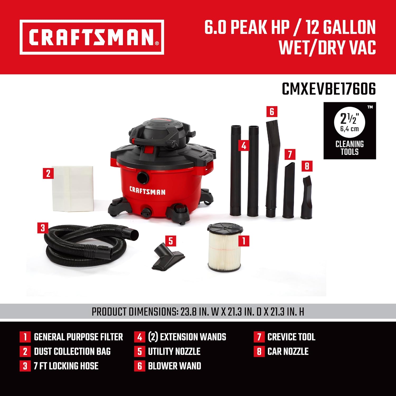 CRAFTSMAN CMXEVBE17606 12 Gallon 6.0 Peak HP Wet Dry Vac with Detachable Leaf Blower, Portable Shop Vacuum Wet and Dry with Filter, Dust Bag, Hose and Attachments for Garage, Outdoor Cleaning