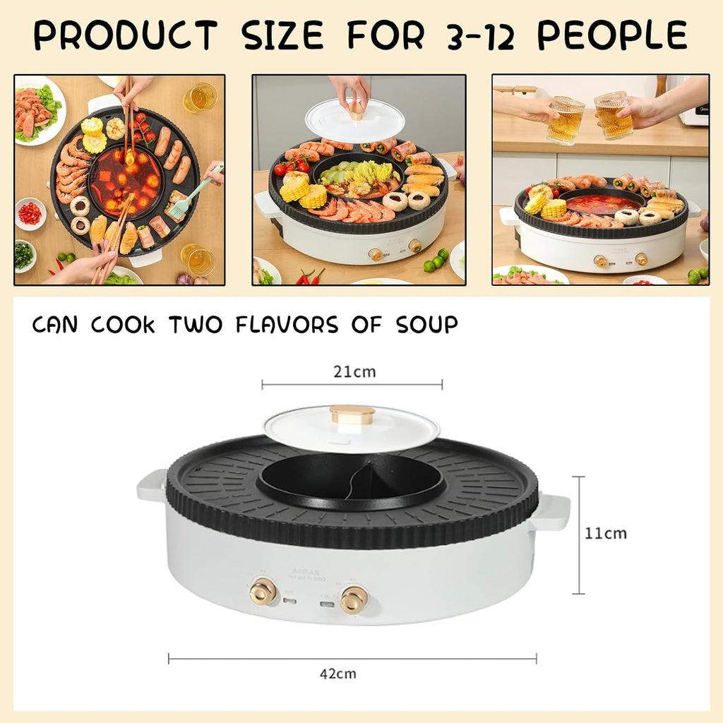 Household Electric Hot Pot with Grill, Teppanyaki Grill Pot and BBQ Pan, Independent Temperature Control, Non-stick Coating, Easy to Clean, For 3-12 People to Enjoy, 1700 W,A