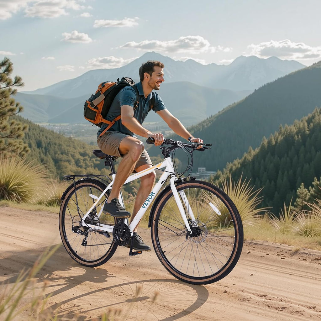 VEVOR Hybrid Bike, Lightweight Aluminum Frame Bike, 700c Wheel Men Women Hybrid Bicycle, Step-Over/Step-Through Adult Urban City Commuter Bikes, with 7/24 Speed, Alloy Adjustable Stem and Seat