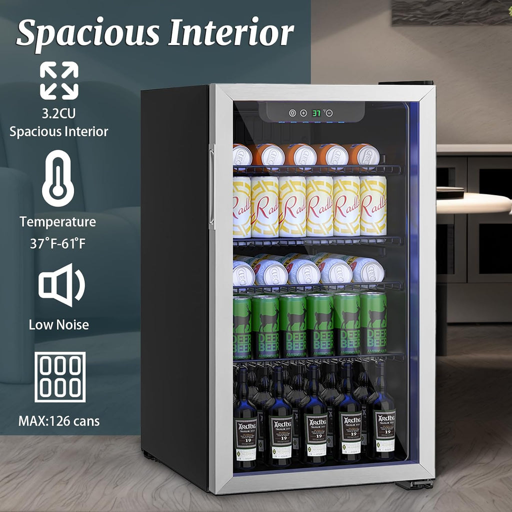 3.2 Cu.Ft Mini Fridge for 126 Cans, Small Refrigerator with Clear View Door and Adjustable Shelves, Quiet Beverage and Wine Fridge for Bedroom, Dorm, Office, Compact Drink Fridge for Storage