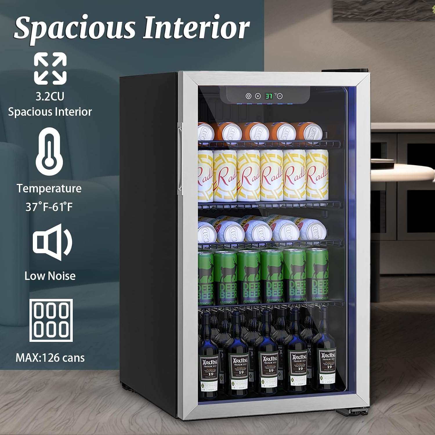 3.2 Cu.Ft Mini Fridge for 126 Cans, Small Refrigerator with Clear View Door and Adjustable Shelves, Quiet Beverage and Wine Fridge for Bedroom, Dorm, Office, Compact Drink Fridge for Storage