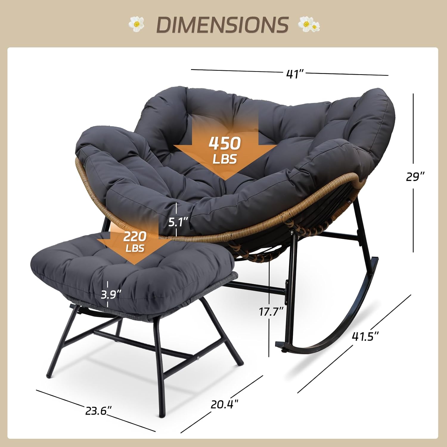 BULEXYARD Large Rocking Egg Chair 4 Pcs with Ottoman Indoor Outdoor 450lbs, Brown Wicker Royal Rocking Papasan Chair with Dark Grey Thick Cushion, Comfy Recliner Lounge Rocker for Balcony, Porch