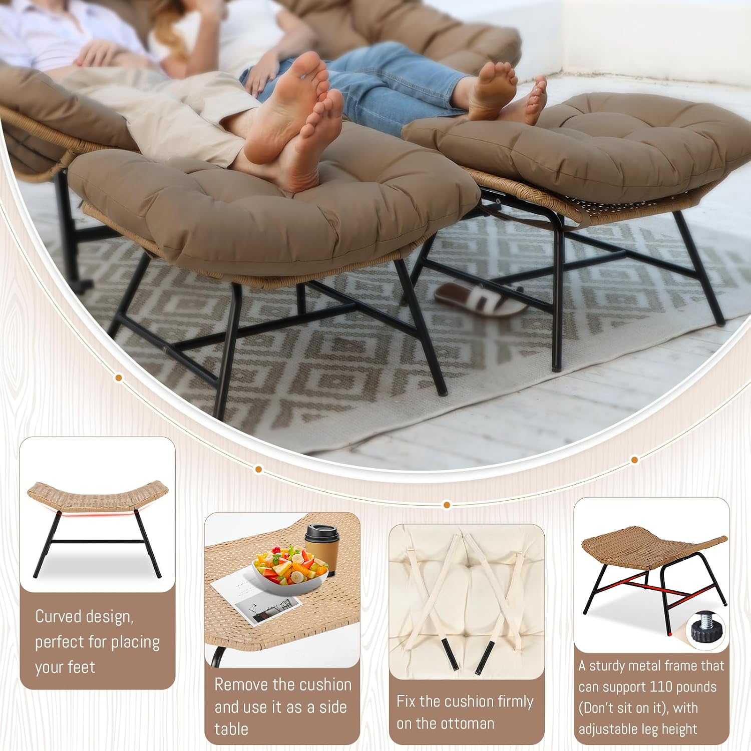 BULEXYARD Double Papasan Rocking Chair Outdoor, 2 Person Oversized Wicker Patio Egg Rocking Chair with Cushion, Heavy Duty Comfy Loveseat for Balcony, Porch, Garden (Brown, 2 Seats w/Ottoman)