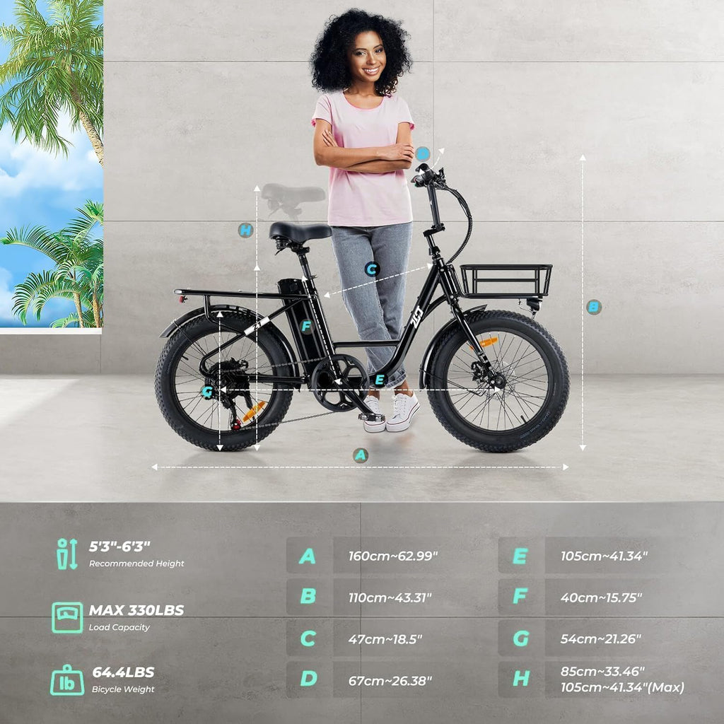 1000W Electric Bike for Adults, Fat Tire Ebikes 20' x 3.0 Electric Bicycle, 50-Mile Long Range, 48V Removable Battery Shock Absorber, 7-Speed Dual Disc Brakes Full Suspension Suitable for Commuting