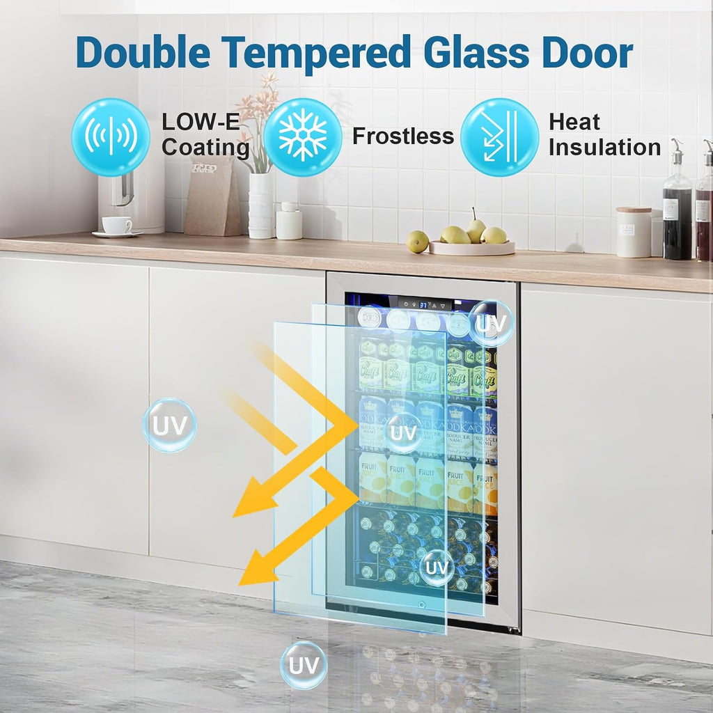 Velivi Mini Beverage Refrigerator 3.2 Cu. Ft Small Fridge 126 Can Lockable Drink Cooler with Glass Door, Safety Lock, For Beer Soda, Silver