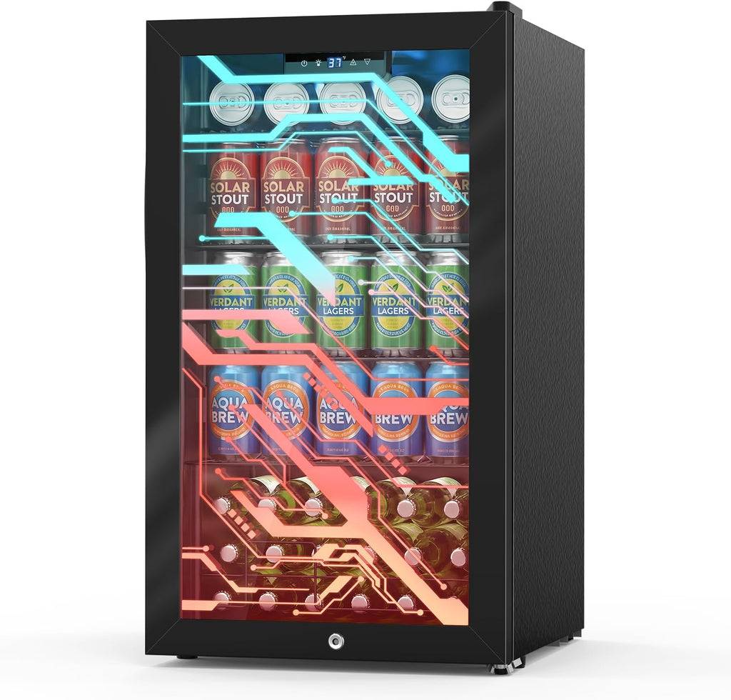 Velivi Gaming Light Up Glass Door Beverage Refrigertor, 3.2 Cu Ft Gaming Mini Fridge with Led RGB Lights Lockable Mini Fridge For Soda Beer, Drink Cooler Cyberpunk Gaming Rooms Bar Home Party