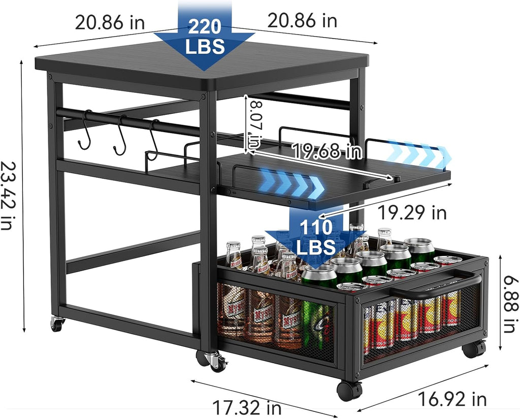 DDJ Mini Fridge Stand with Storage, 21 x 21 in Heavy Duty Mini Fridge Table with Pull-out Shelf and Lockable Wheels, Compact Refrigerator Stand with Drawer Basket for Home Office, Black