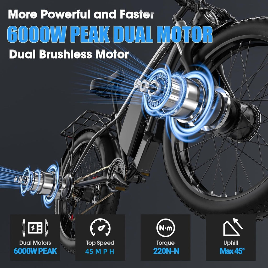Electric Bike for Adults,Peak 6000W Dual Motor Ebike, 52V 32AH 30-100 Miles Up to 45 M P H 26' Fat Tire 7 Speed Electric Mountain Bike All Terrain Front Suspension Electric Bicycles