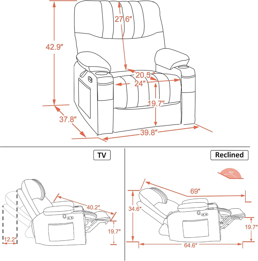 MCombo Oversized Swivel Glider Rocker Power Recliner Chair for Living Room with Heat and Vibration Massage, USB Ports, Cup Holders and Pockets, Faux Leather 7785 (Black)