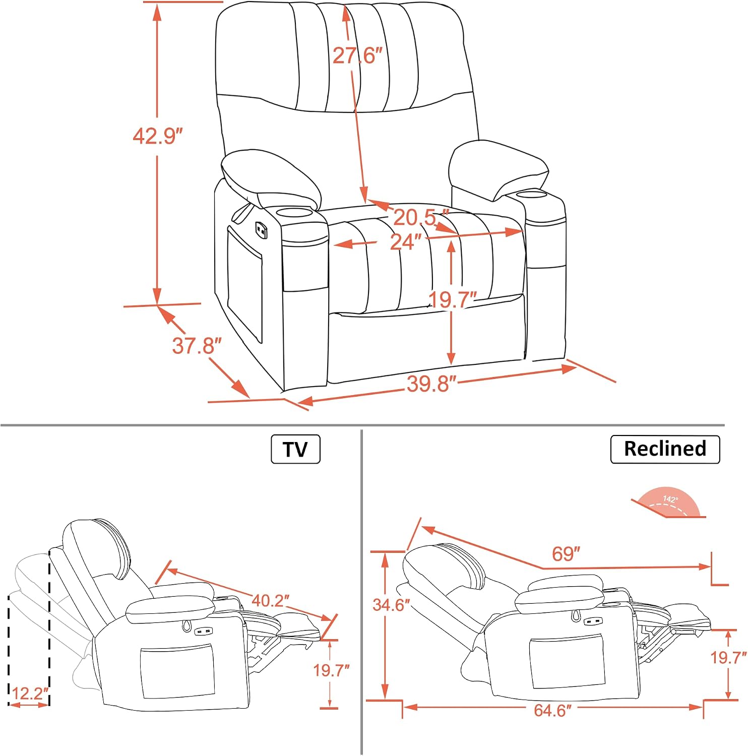 MCombo Oversized Swivel Glider Rocker Power Recliner Chair for Living Room with Heat and Vibration Massage, USB Ports, Cup Holders and Pockets, Faux Leather 7785 (Black)