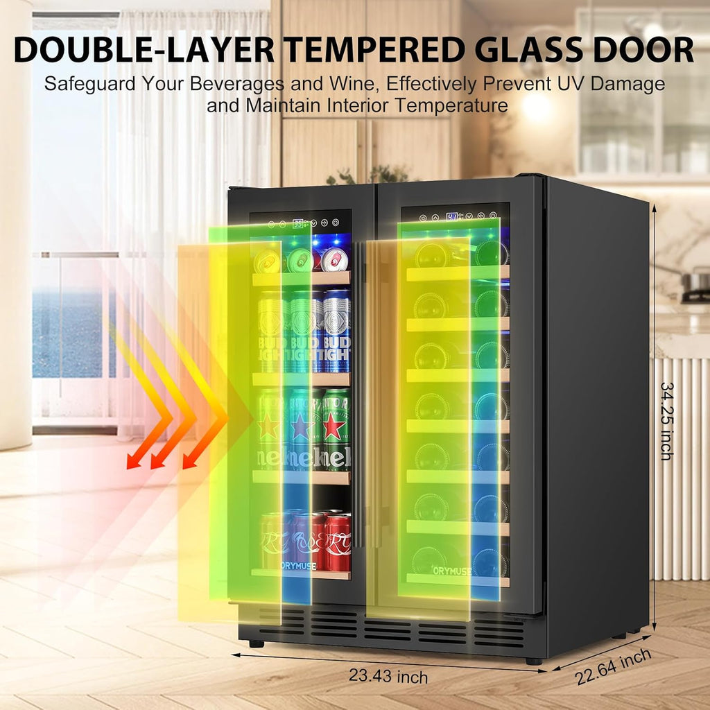 24' Dual Zone Wine & Beverage Refrigerator – Under Counter Cooler with Upgraded Cooling & Blue LED Light, Hold 20 Bottles and 88 Cans Large Capacity Wine Fridge, Built-In or Freestanding – Black