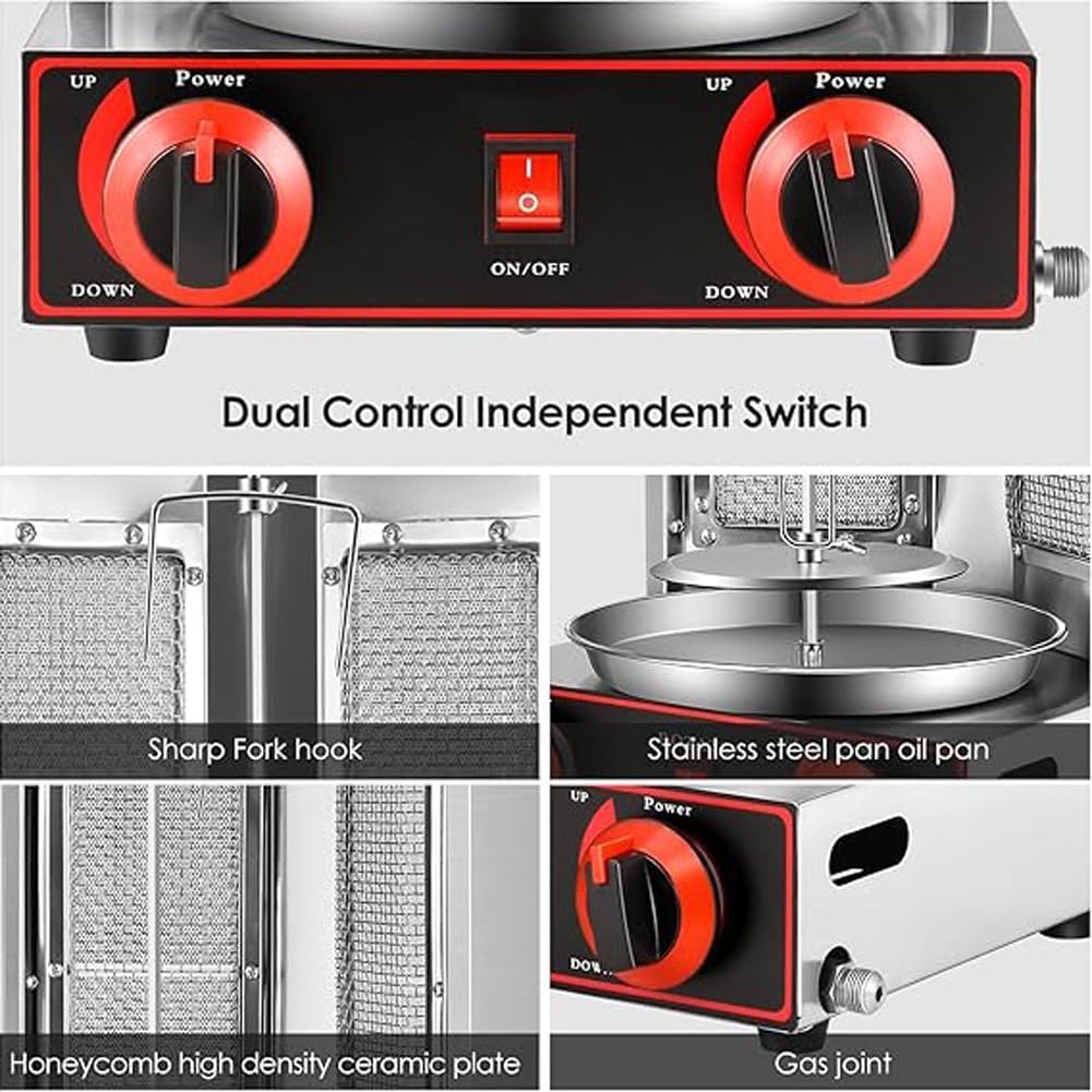 Commercial Vertical BBQ Shawarma Machine, 360° Rotating Automatic Propane Broiler with 2 Burners, Rotisserie Oven Doner Kebab Grill Machine, Adjustable Temperature,for Restaurant Home Kitchen Use