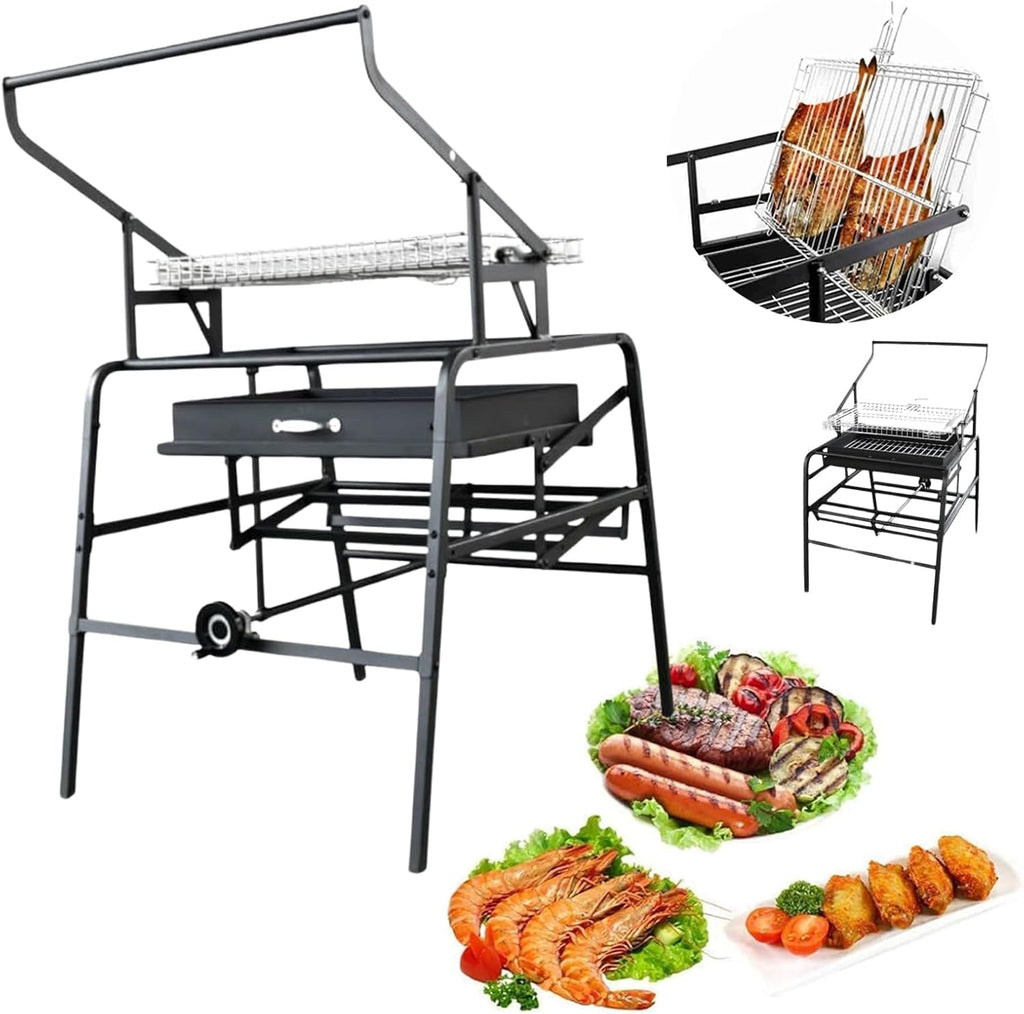 360° Rotating Charcoal Grills, Stainless Steel Flipping Barbecue Grill Portable BBQ Skewer Folded Camping Lightweight Smoker Barbecue for Picnics Garden Beach Party