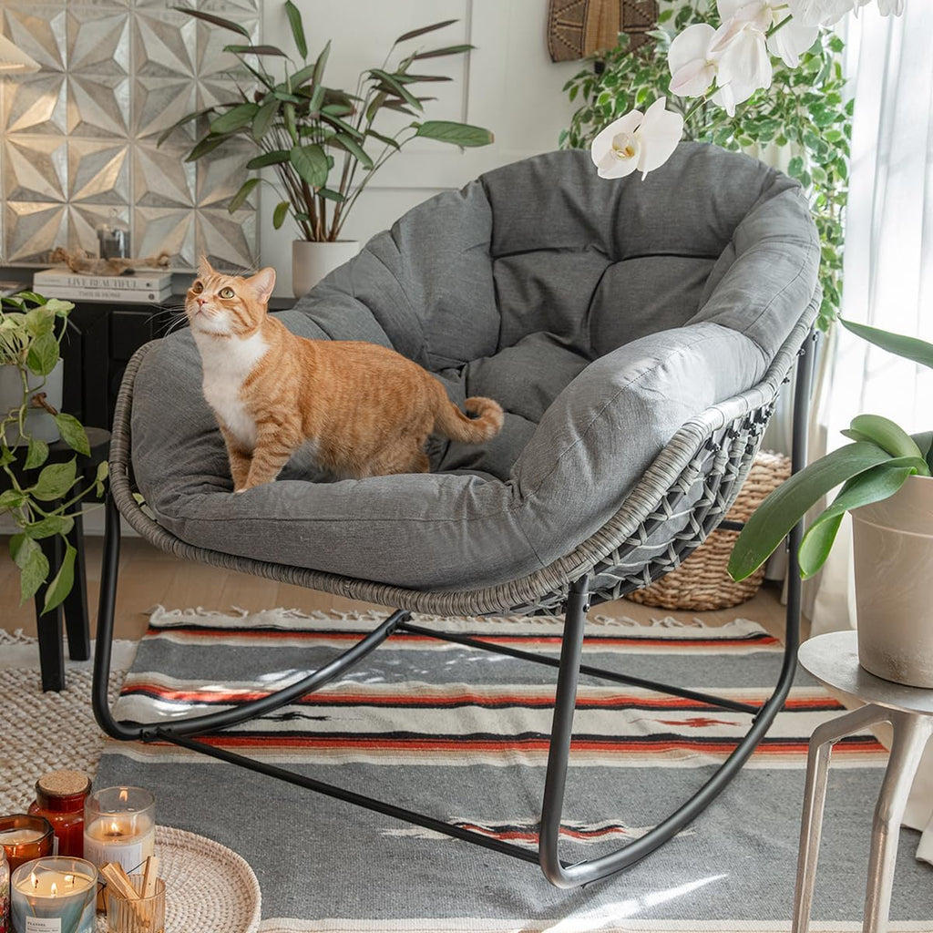 Barton Rocking Chair Outdoor Papasan Rocking Chair with Cushion Outdoor/Indoor Rocker Chair Patio Porch Garden Backyard, Grey