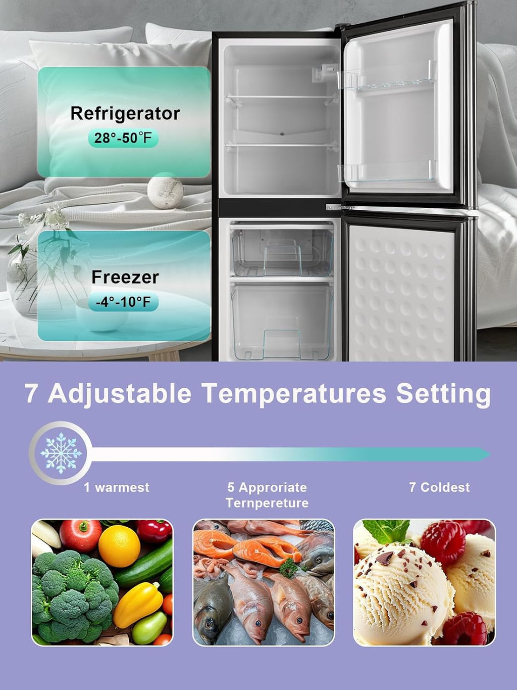 KRIB BLING Refrigerator with Freezer 4.0 Cu.Ft with 7 Level Adjustable Thermostat Control 2 Door Energy Saving Bottom Freezer Compact Refrigerator Black