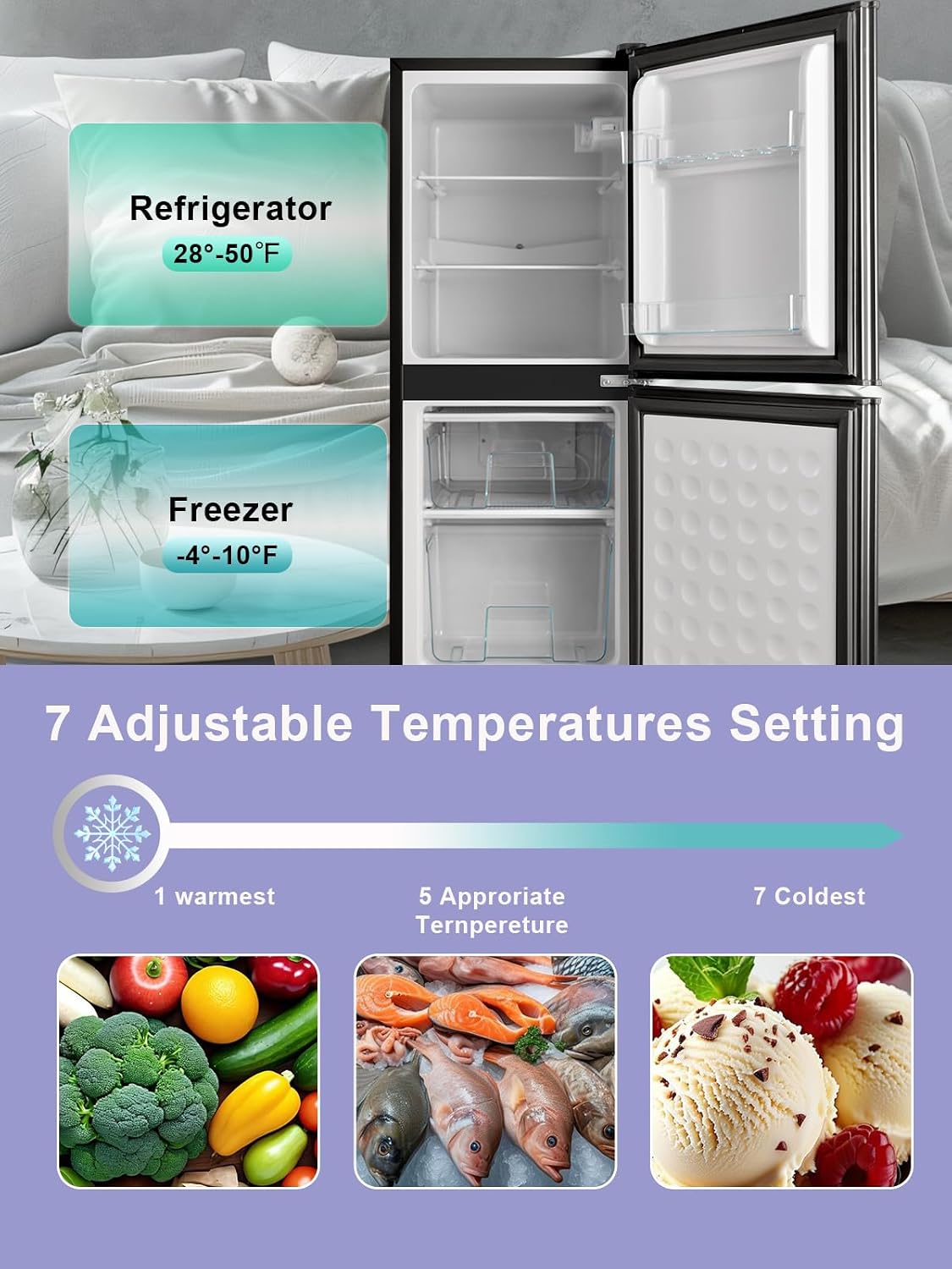 KRIB BLING Refrigerator with Freezer 4.0 Cu.Ft with 7 Level Adjustable Thermostat Control 2 Door Energy Saving Bottom Freezer Compact Refrigerator Black
