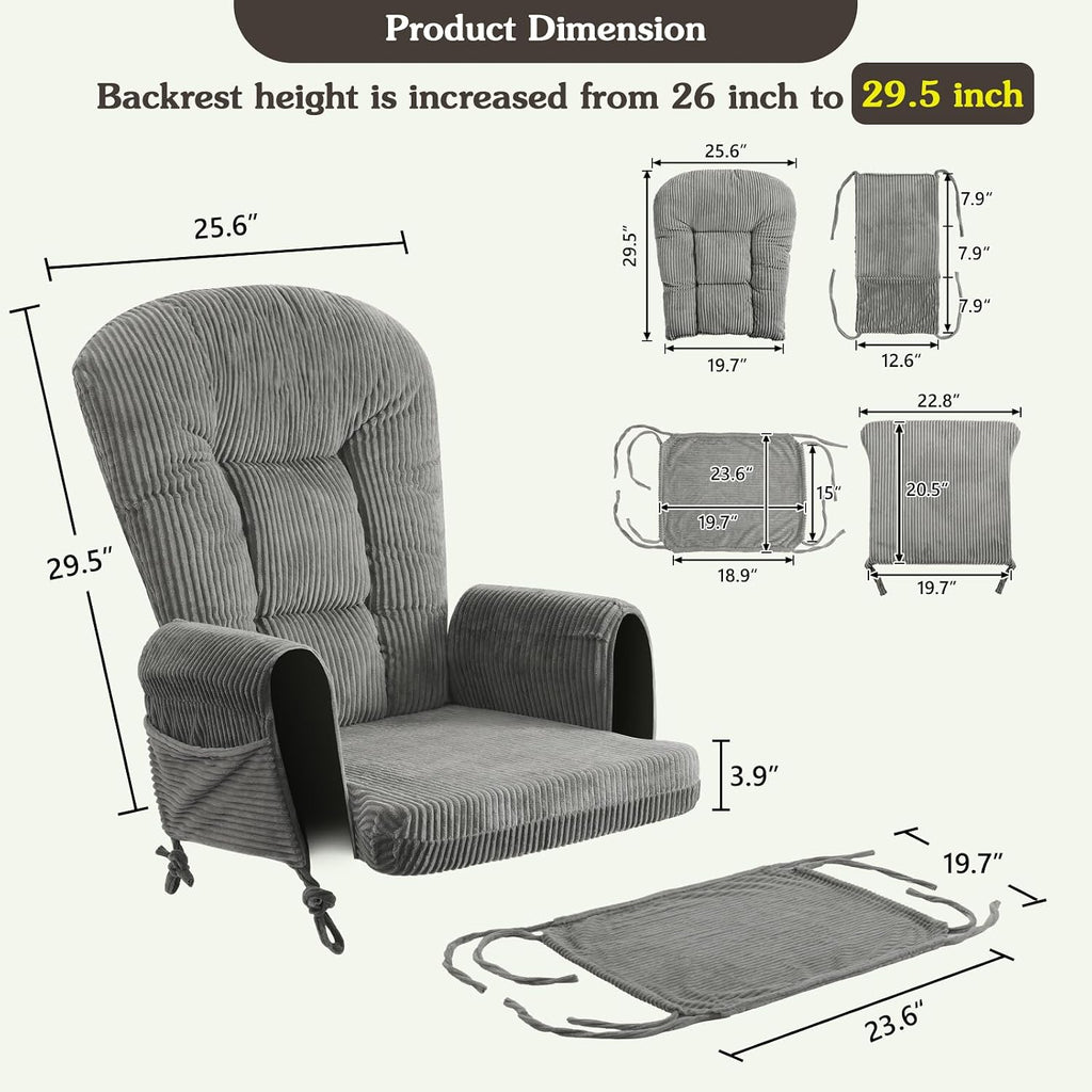 ANMINY 5pcs Glider Rocker Replacement Cushions Set - Thickened Fleece Glider Rocking Chair Cushions with 29.5 inch High Backrest & Side Pockets for Indoor Nursery, Washable & Non Slip, Gray