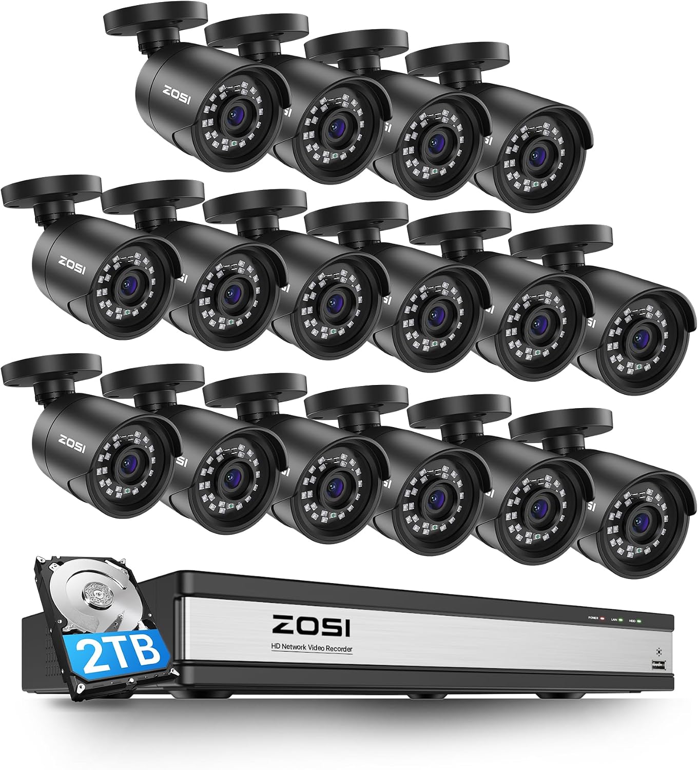 ZOSI H.265+ 1080p 16 Channel Home Security Camera Outdoor Indoor, 16CH CCTV DVR with AI Human Vehicle Detection and 16 x 1080p Surveillance Bullet Camera, 100ft Night Vision, 90° View Angle, 2TB HDD