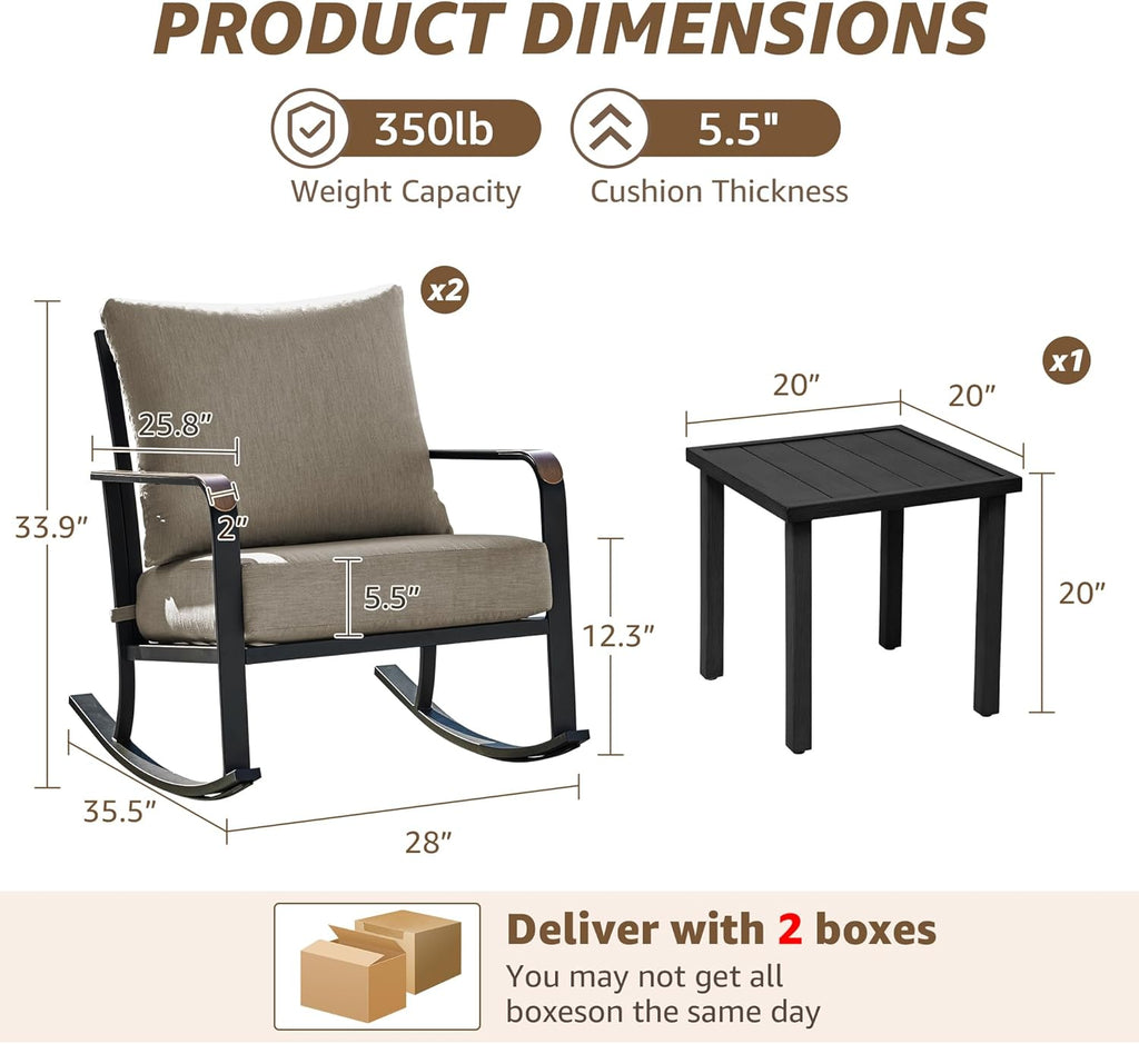 NATURAL EXPRESSIONS 3-Piece Patio Bistro Rocking Set,Outdoor Rocking Chairs with 350lb Capacity, Thick 5.5' Olefin Cushions and Metal Coffee Table for Balcony, Porch, Backyard