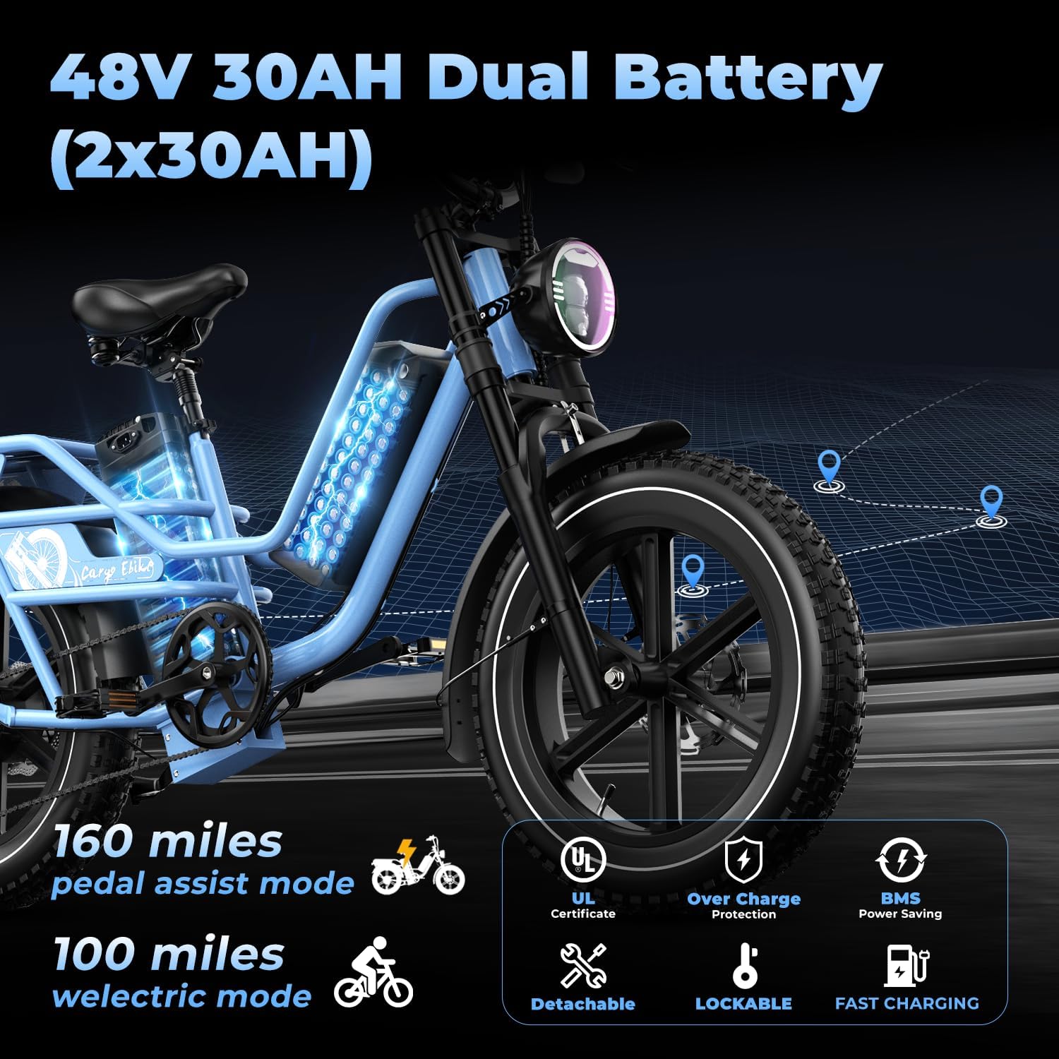 Dual Battery Electric Bike for Adults, 160 Miles Long Range Cargo Ebike with 48V 60AH Removable 2880WH Battery, 1450W Peak Motor Electric Bicycle, 20' x 4' Fat Tire Hydraulic Brakes E Bike