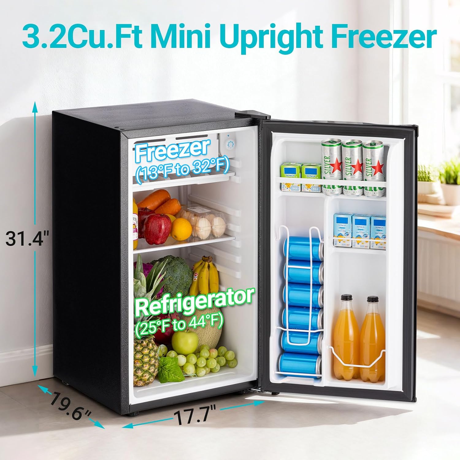 Erivess 3.2 Cu.Ft Mini Fridge with Freezer, Single Door Small Refrigerator with 7 Adjustable Thermostat, Energy Saving, Low Noise, Dorm Fridge for Office, Bedroom, Apartment